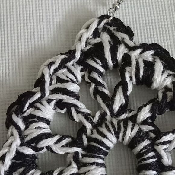 Handmade Black and White Cotton Thread Crochet Oversized Dangle Style Earrings - Picture 6 of 8